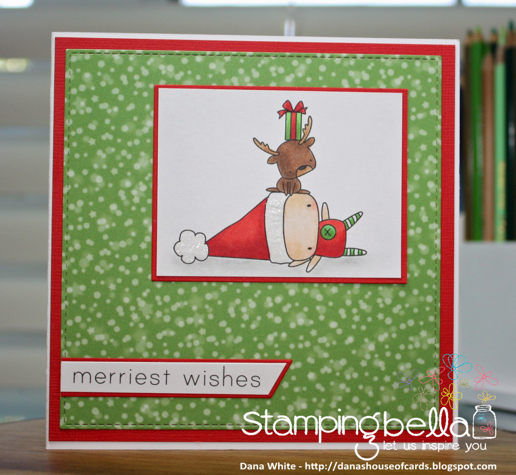 www.stampingbella.com : Rubber stamp called THE LITTLES ELF with a REINDEER on TOP card by Dana White