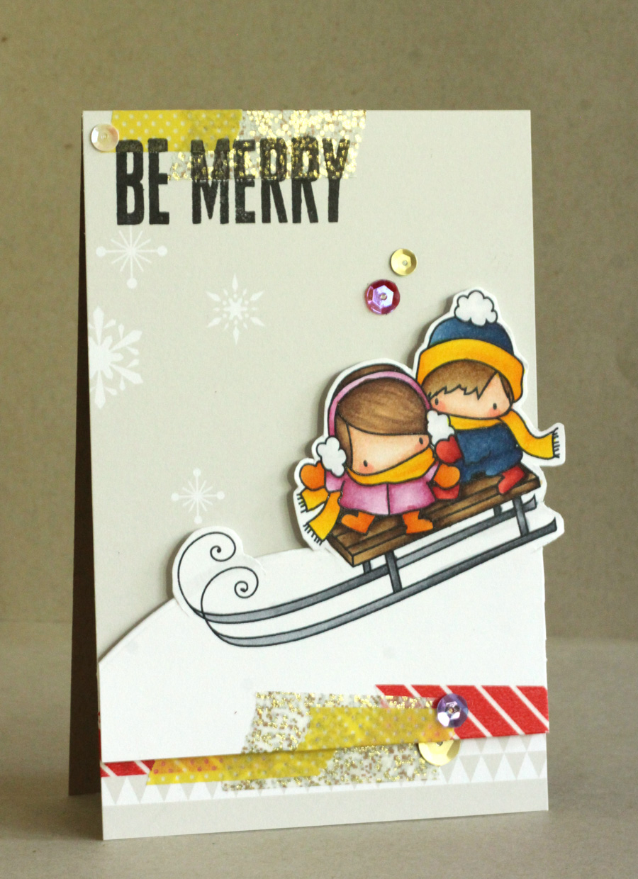 Stamping Bella Rubber stamp: THE LITTLES TOBOGGANING card by Alice Wertz