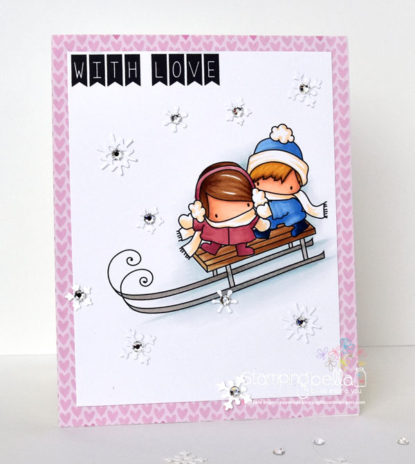 Stamping Bella Rubber stamp: THE LITTLES TOBOGGANING and HOLIDAY SENTIMENTS SET card by Michele Boyer 