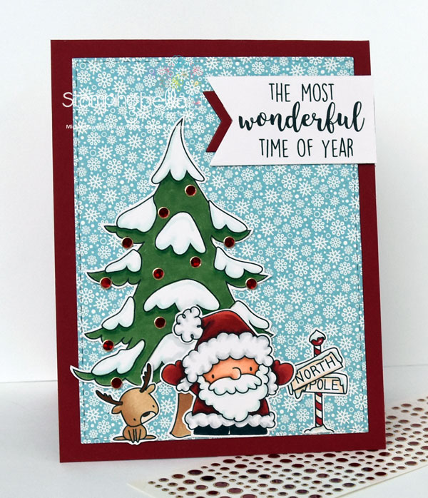 Stamping Bella Rubber stamp: LITTLE BITS Santa's gifts, LITTLE BITS WINTER TREE and DEERBALL, HOLIDAY SENTIMENTS, SKATING QUARTET CARD BY Michele Boyer