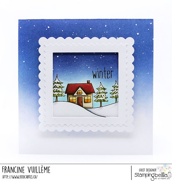 www.stampingbella.com: Rubber stamp used WINTER BACKDROP, card by Francine Vuilleme