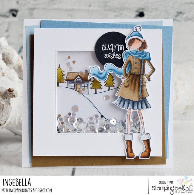 all rubber stamps available at www.stampingbella.com : rubber stamps used here: WINTER BACKDROP and UPTOWN GIRL QUINN AND CUT IT OUT DIE . card by INGE GROOT