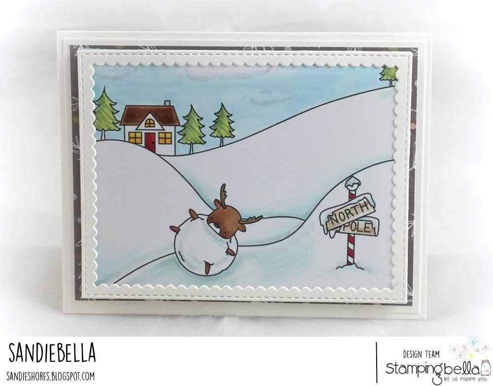 all rubber stamps available at www.stampingbella.com : rubber stamps used here: WINTER BACKDROP and LITTLE BITS WINTER TREE and DEERBALL and SKATING QUARTET. card by SANDY DUNNE