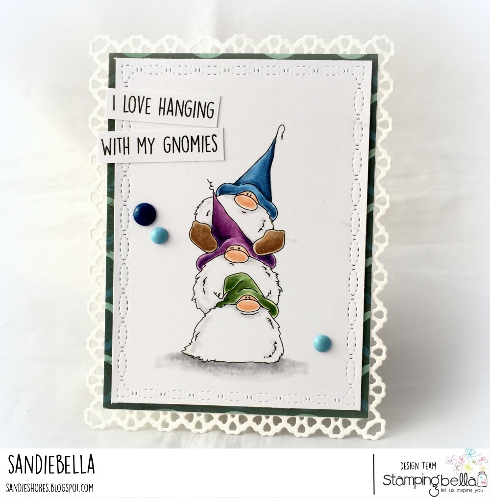 www.stampingbella.com: Rubber stamp: Gnome PILE card by Sandie Dunne