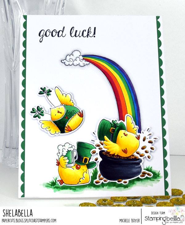 www.stampingbella.com: rubber stamp used: IRISH CHICKS  card by  Michele Boyer