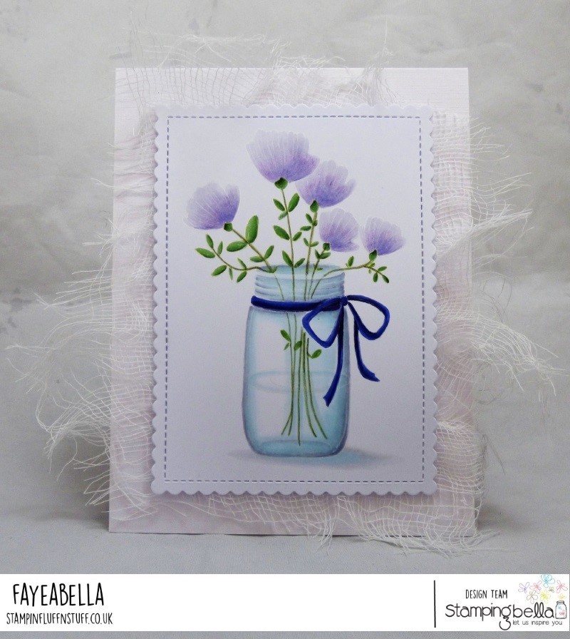 www.stampingbella.com: RUBBER STAMP USED MASON JAR OF FLOWERS card by FAYE WYNN Jones