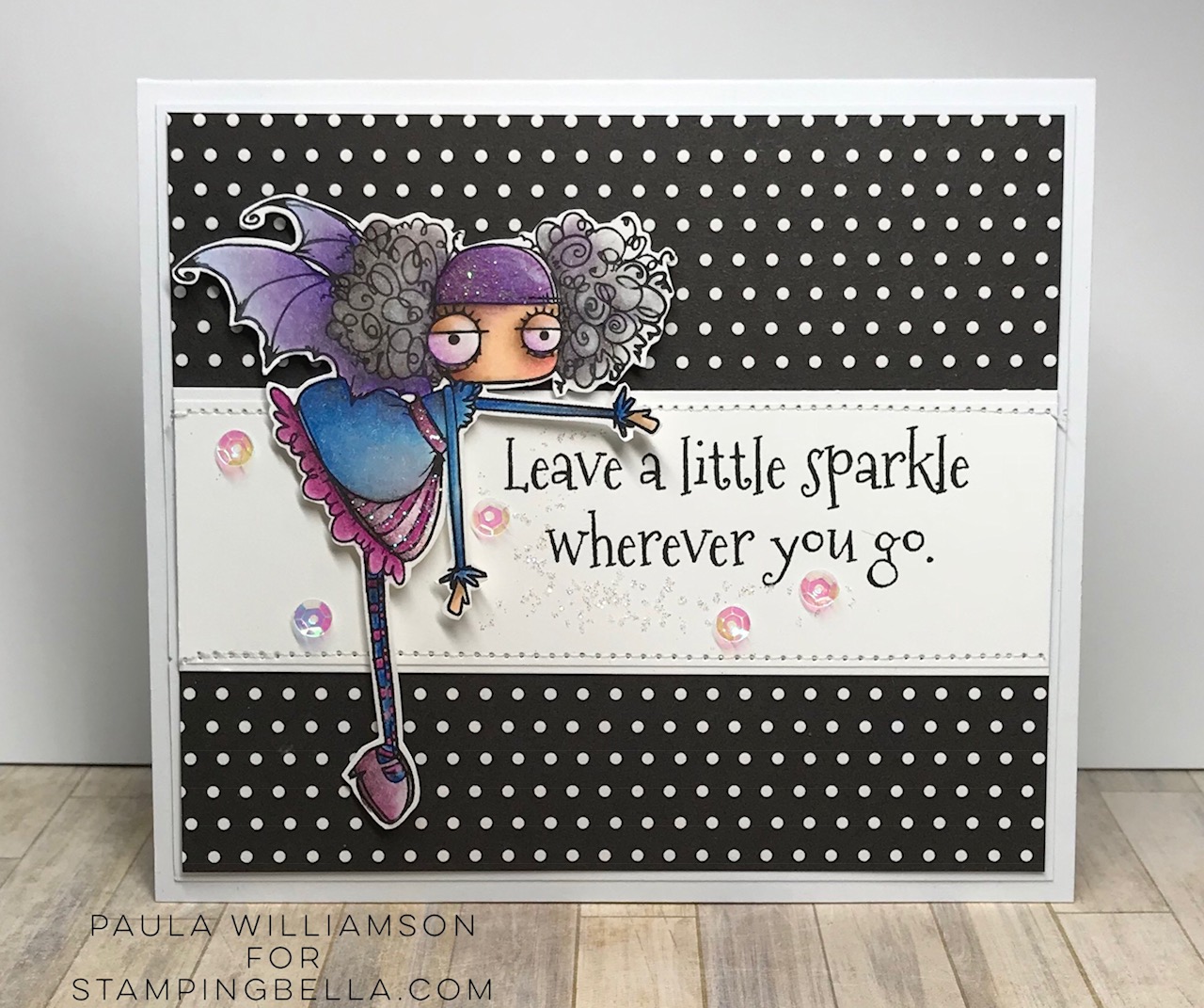 www.stampingbella.com: rubber stamp used ODDBALL SPARKLE FAIRY, card by Paula Williamson