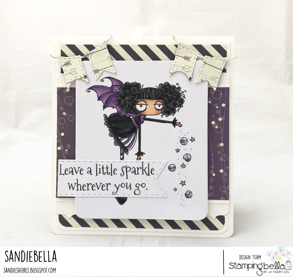 www.stampingbella.com: rubber stamp used ODDBALL SPARKLE FAIRY, card by Sandie Dunne