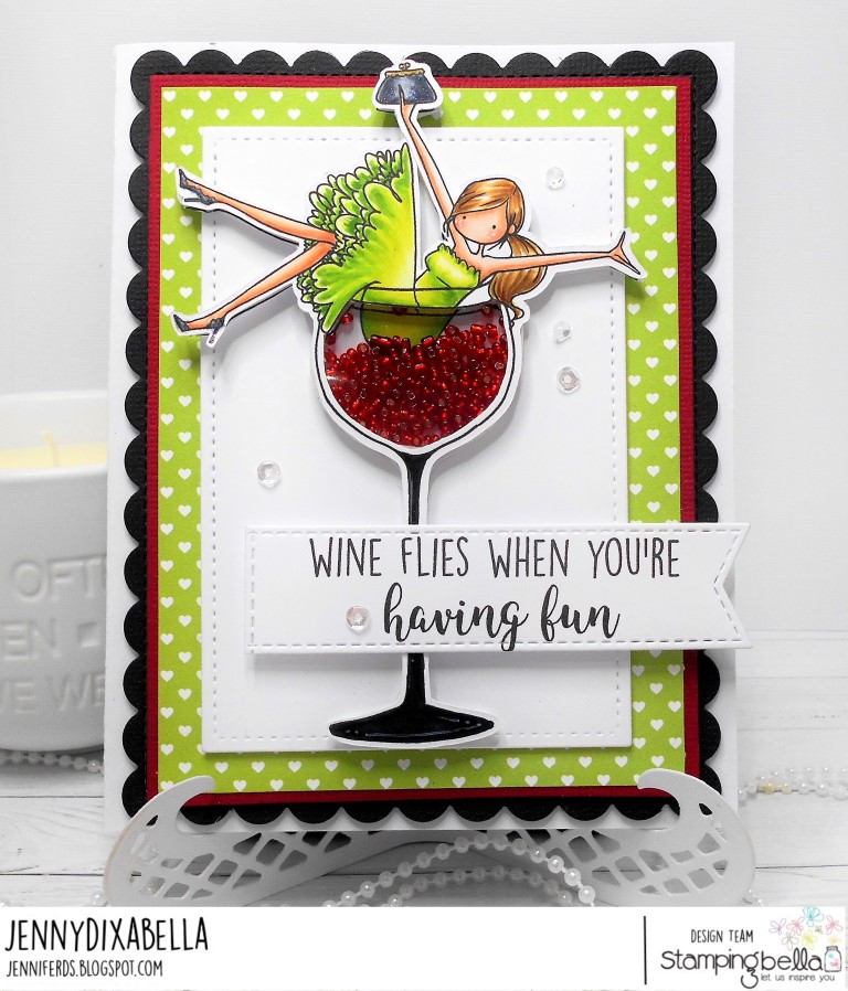 www.stampingbella.com: Rubber stamp UPTOWN GIRL WILMA LOVES WINE. Card by Jenny Dix