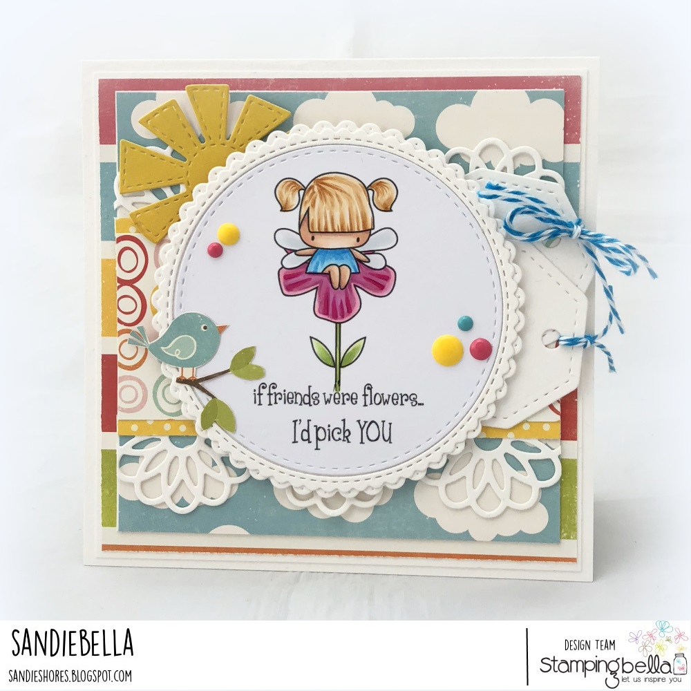 www.stampingbella.com: rubber stamp: LITTLE BITS FLORAL SET, LITTLE BITS FAIRY SET. CARD BY SANDIE DUNNE