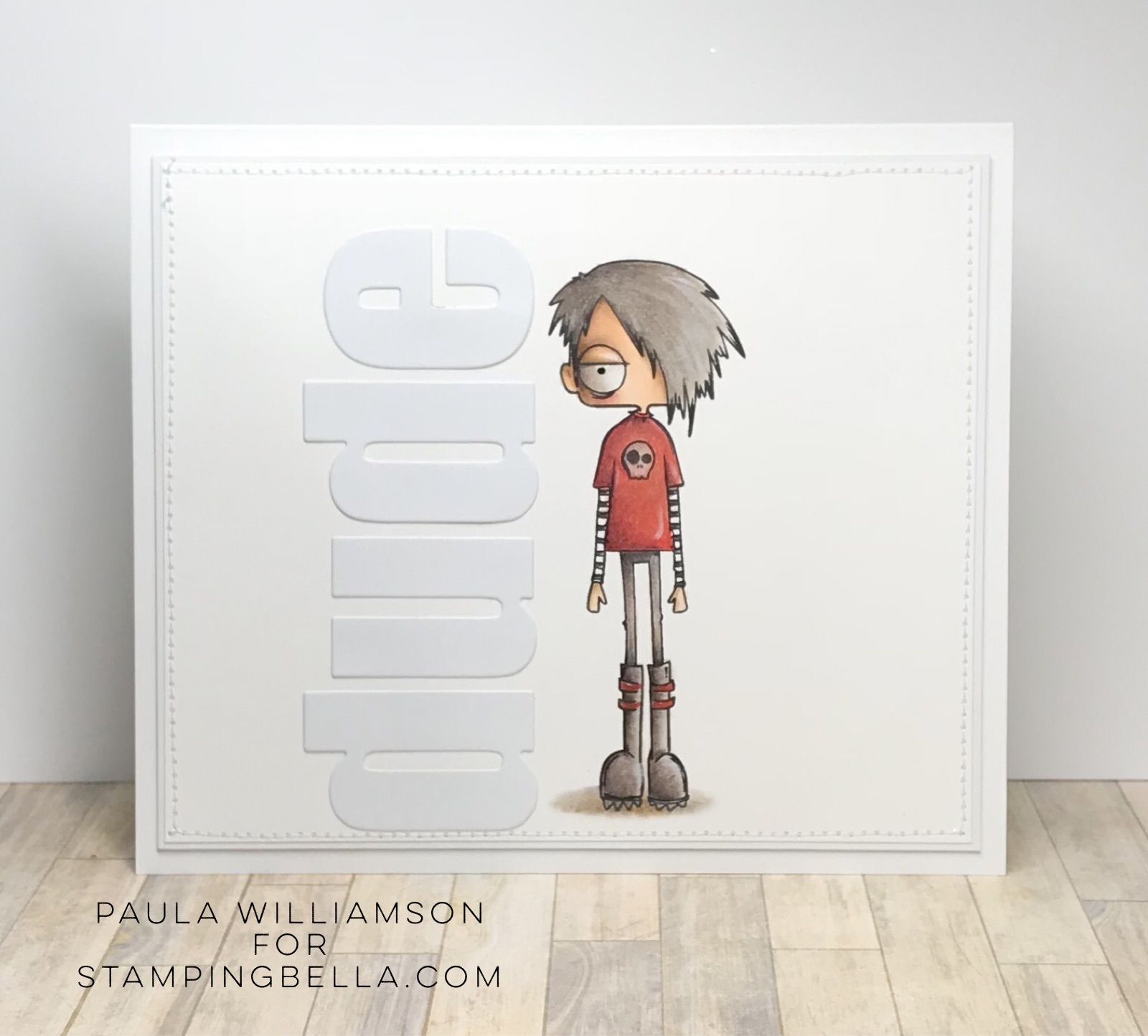 www.stampingbella.com: rubber stamp used ODDBALL Standing Boy, card by Paula Williamson