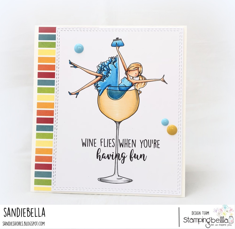 www.stampingbella.com: Rubber stamp UPTOWN GIRL WILMA LOVES WINE. Card by Sandie Dunne