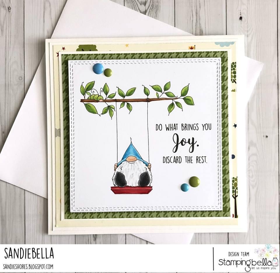 www.stampingbella.com: rubber stamp used: GNOME ON A SWING, card by SANDIE DUNNE