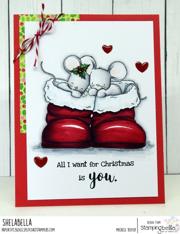 www.stampingbella.com: rubber stamp used: MICE IN BOOTS. Card by Michele Boyer