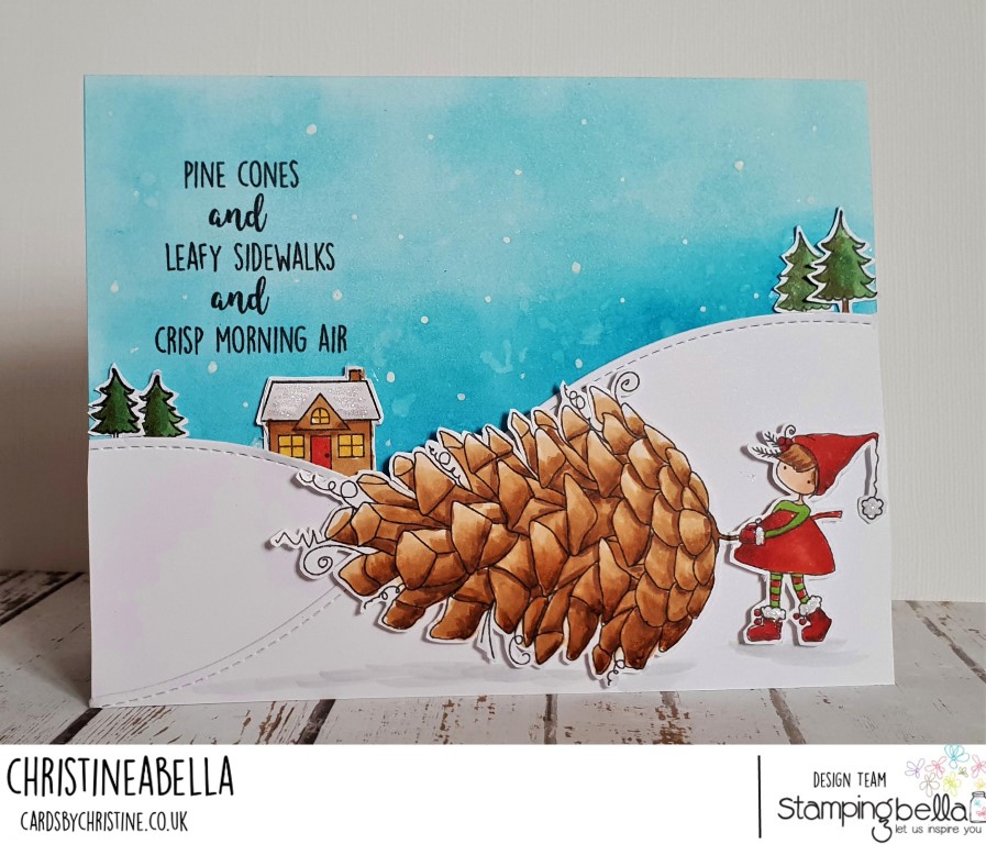 www.stampingbella.com: rubber stamp used TEENY TINY TOWNIE WITH A PINECONE, and WINTER BACKDROP, card by CHRISTINE LEVISON