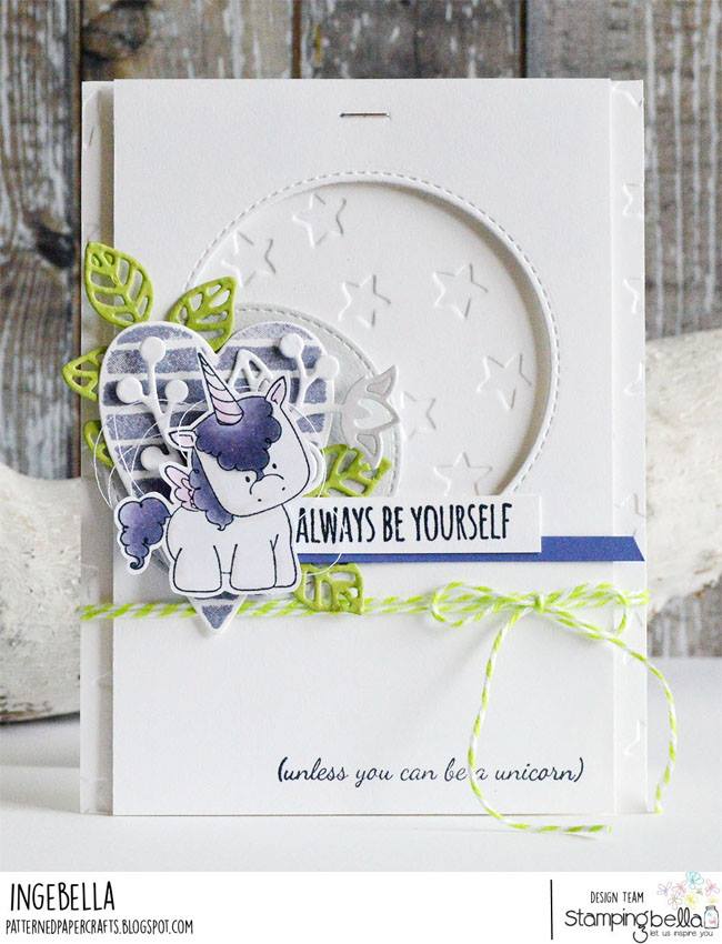 www.stampingbella.com:  UNICORN SENTIMENT SET.  Card by Inge Groot