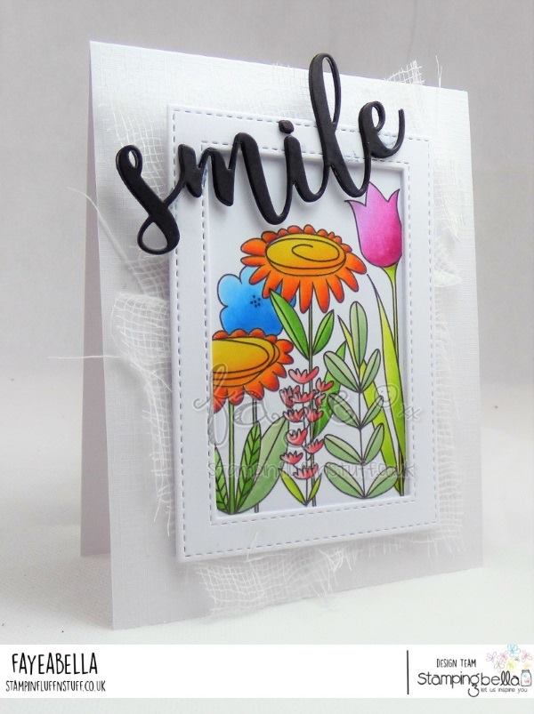www.stampingbella.com: rubber stamp used FLORAL FOREST BACKDROP and SMILE CUT IT OUT SENTIMENT SET.  Card by Faye Wynn Jones