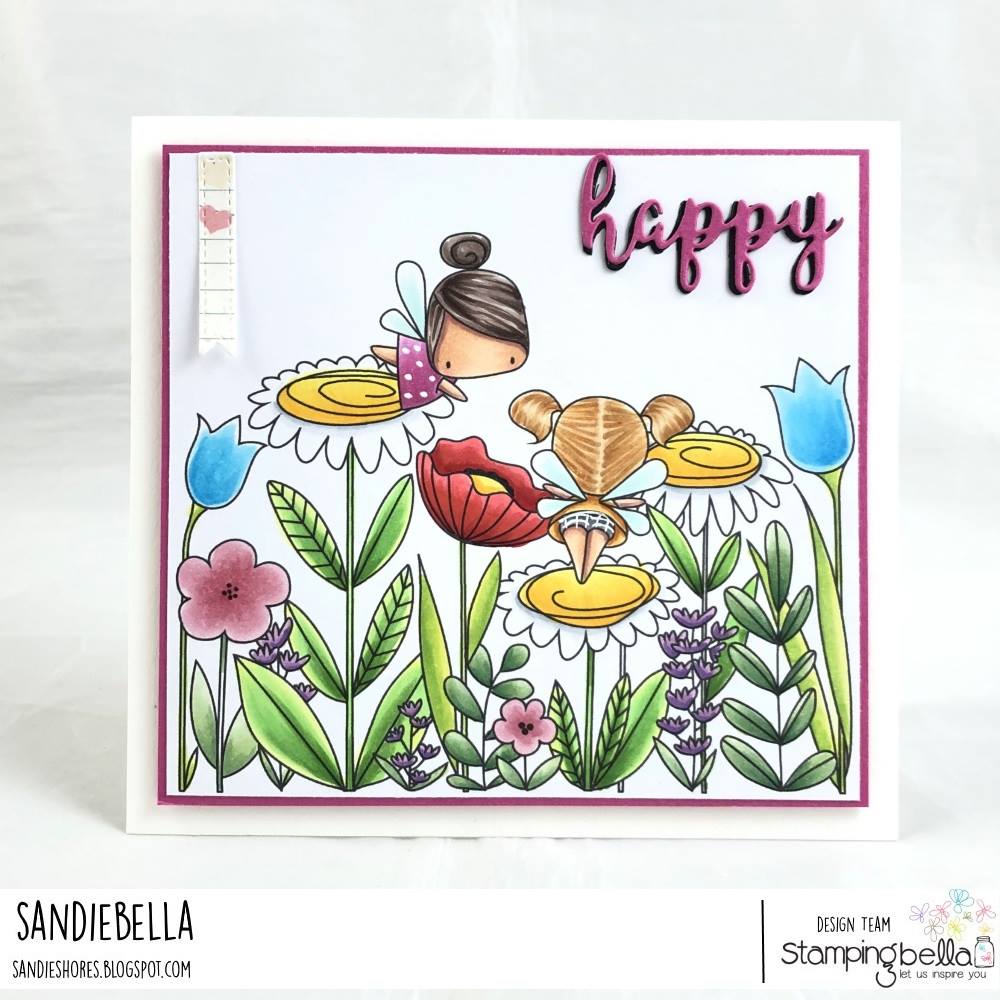 www.stampingbella.com: rubber stamp used FLORAL FOREST BACKDROP and LITLE BITS FAIRIES. and our HAPPY CUT IT OUT SENTIMENT   Card by Sandie Dunne