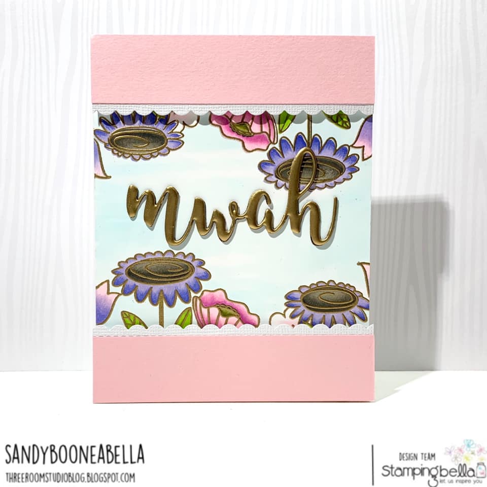 www.stampingbella.com: rubber stamp used FLORAL FOREST BACKDROP and MWAH CUT IT OUT SENTIMENT SET.  Card by SANDY BOONE