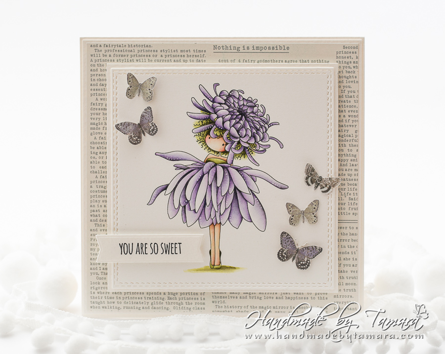 www.stampingbella.com: rubber stamp used: tiny townie garden girl Chrysanthemum. Card by Tamara Potocnik