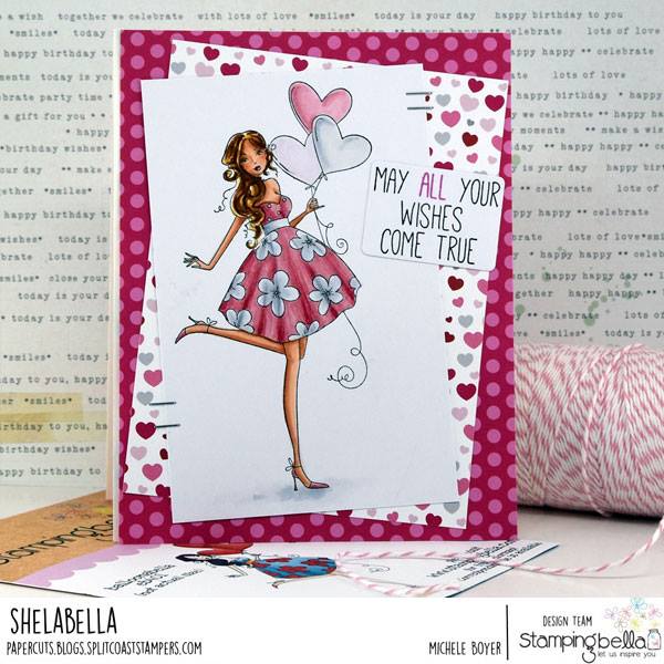 www.stampingbella.com: rubber stamp used: BALLOONABELLA.  Card by Michele Boyer