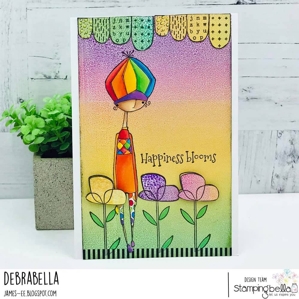 www.stampingbella.com: rubber stamp used: JUST MAISIE AND LITTLE BITS FLORAL SET.  Card made by DEBRA JAMES