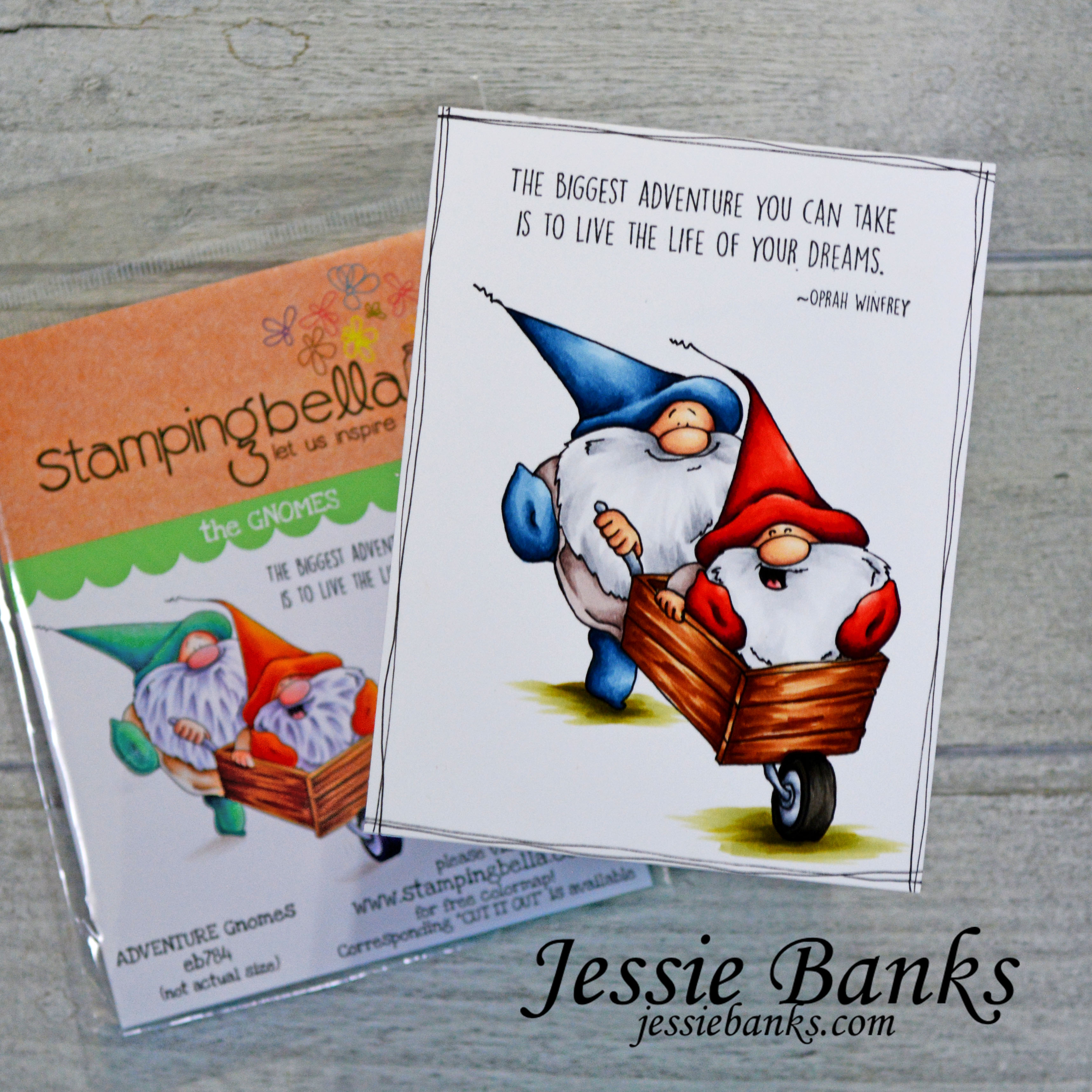 www.stampingbella.com: rubber stamp used: ADVENTURE GNOMES card by Jessie Banks
