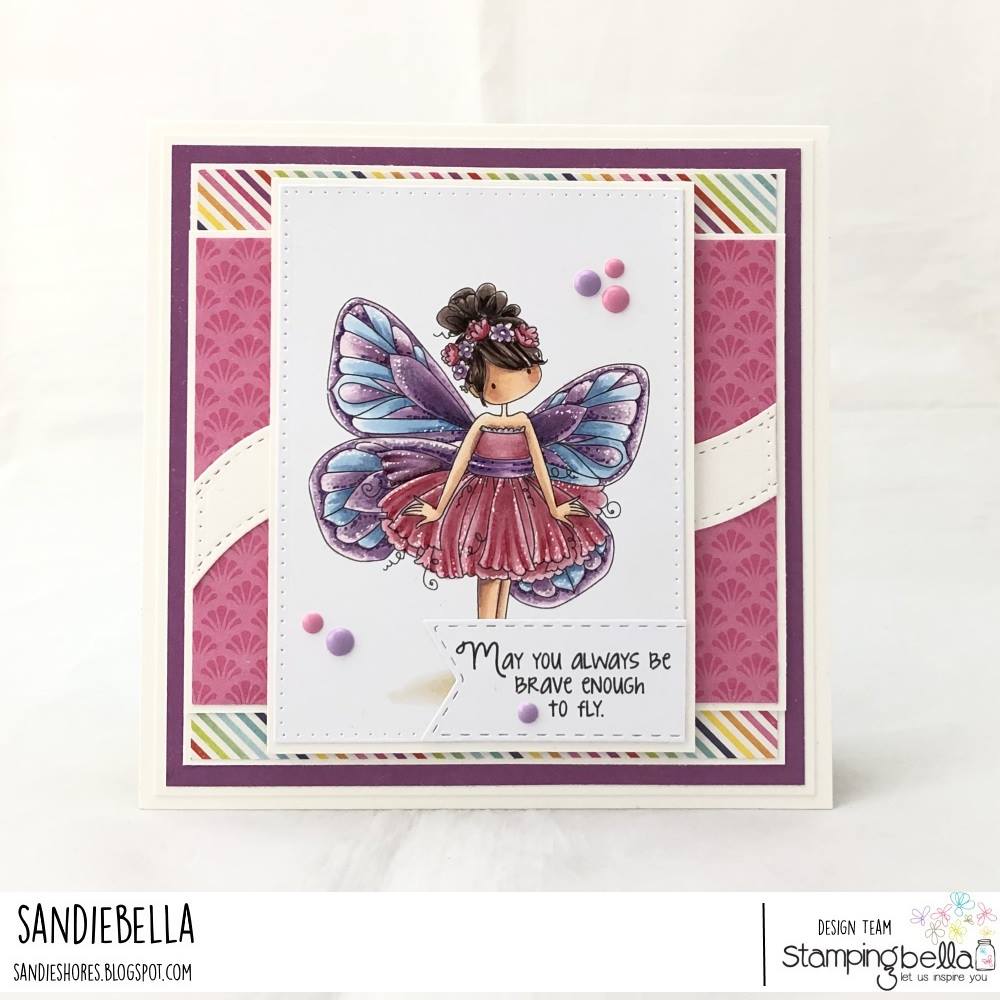 www.stampingbella.com: rubber stamp used: TINY TOWNIE BLANCHE THE BUTTERFLY. Card by Sandie DUNNE