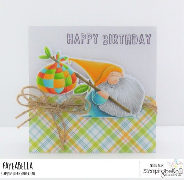 www.stampingbella.com: rubber stamp used: TRAVELING GNOME. Card by FAYE WYNN JONES