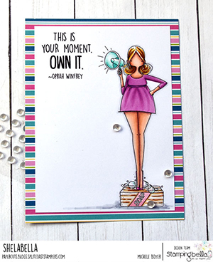 www.stampingbella.com: rubber stamp used: CURVY GIRL WITH A MESSAGE. Card by Michele Boyer