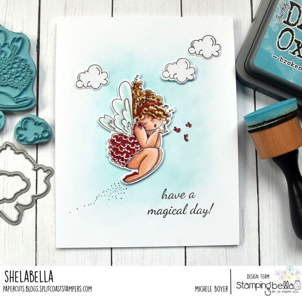 www.stampingbella.com: rubber stamp used EDNA BLOWS A KISS.  Card by  michele boyer