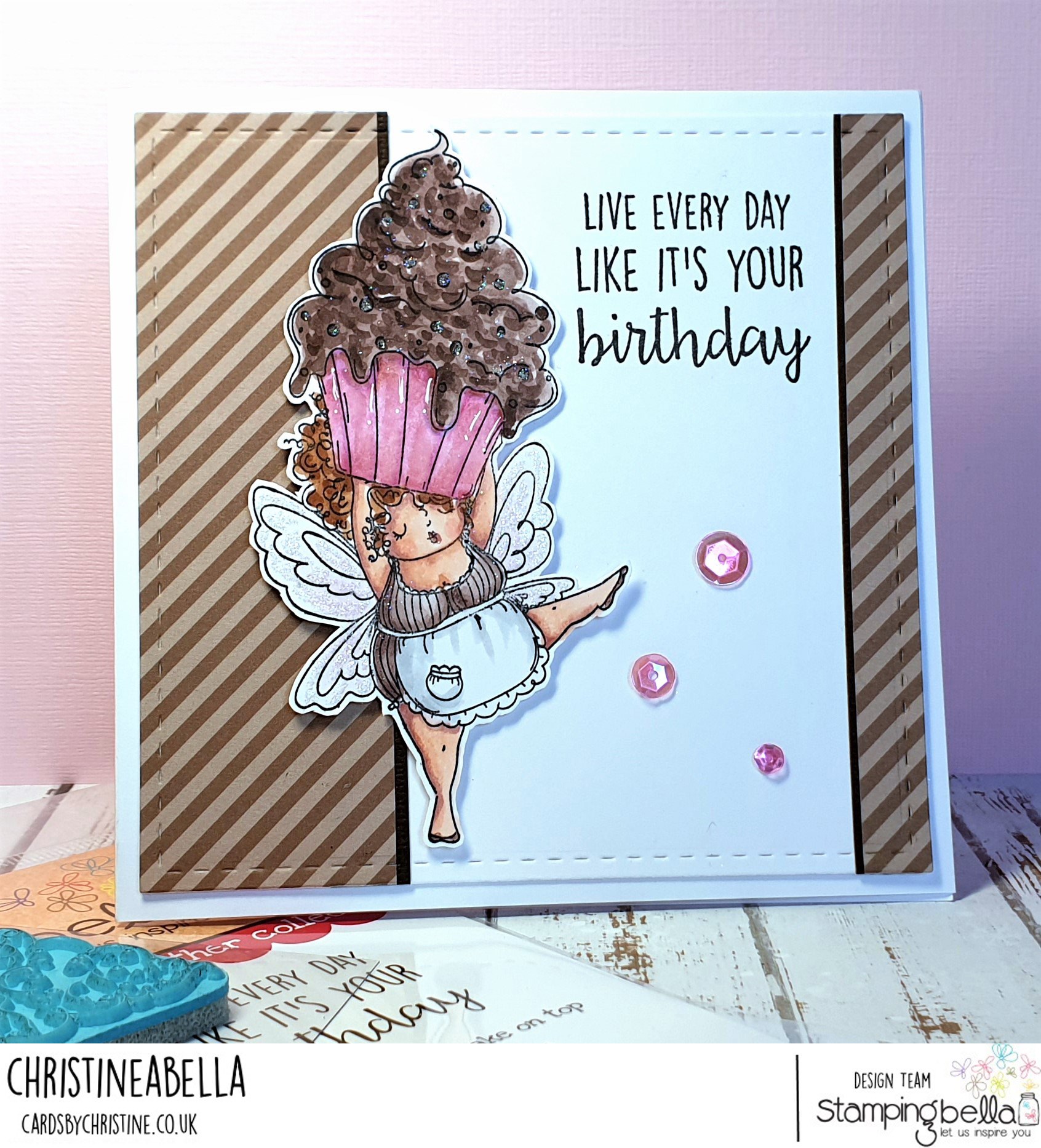 www.stampingbella.com: rubber stamp used EDNA with a cupcake on top.  Card by Christine Levison