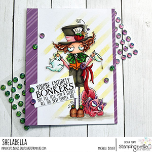  www.stampingbella.com: rubber stamp used ODDBALL MAD HATTER Card by Michele Boyer