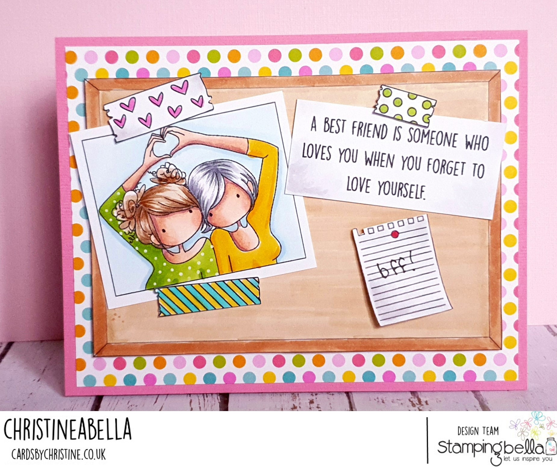 www.stampingbella.com: rubber stamps used: CORKBOARD BACKDROP, WASHI TAPE SET and UPTOWN GIRL SNAPSHOTS MINIS   Card by CHRISTINE LEVISON