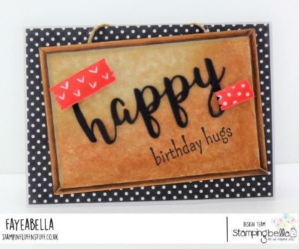 www.stampingbella.com: rubber stamps used: CORKBOARD BACKDROP, WASHI TAPE SET and HAPPY CUT IT OUT DIE SET  Card by FAYE WYNN JONES