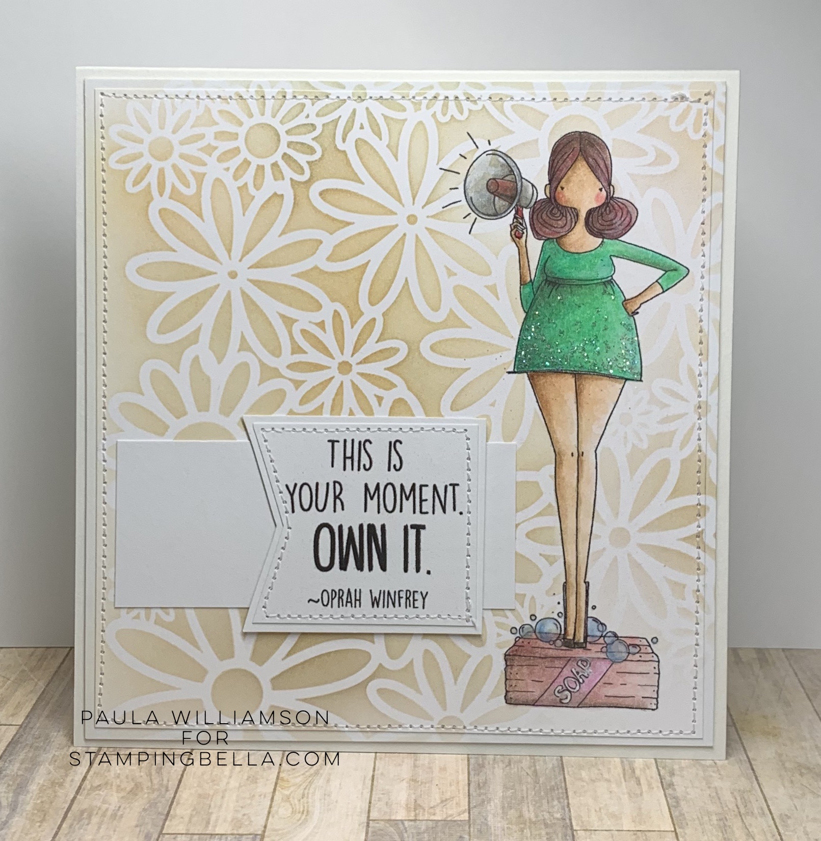 www.stampingbella.com: rubber stamp used: CURVY GIRL WITH A MESSAGE. Card by Paula Williamson