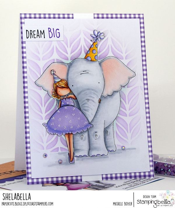 www.stampingbella.com.  Rubber stamp used: TINY TOWNIE WITH AN ELEPHANT.  Card by Michele Boyer