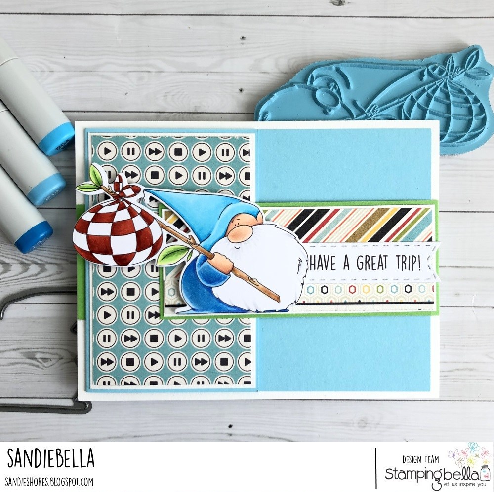 www.stampingbella.com: rubber stamps used: TRAVELING GNOME   Card by SANDIE DUNNE
