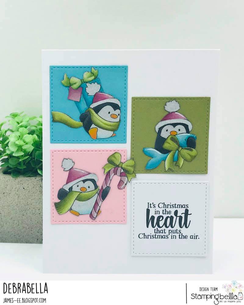 www.stampingbella.com: rubber stamp used; PENGUINS BEARING GIFTS.  card by Debra James