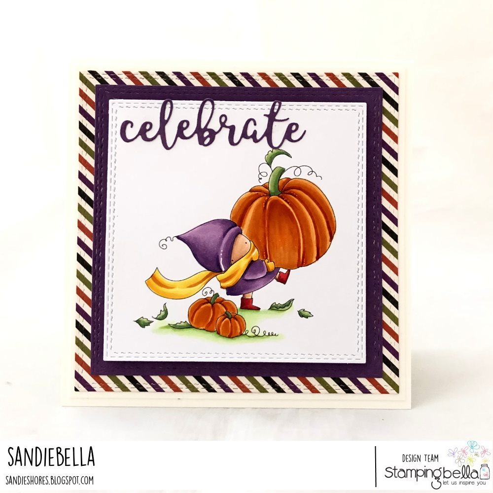 www.stampingbella.com: rubber stamp used: BUNDLE GIRL AT THE PUMPKIN PATCH card by SANDIE DUNNE