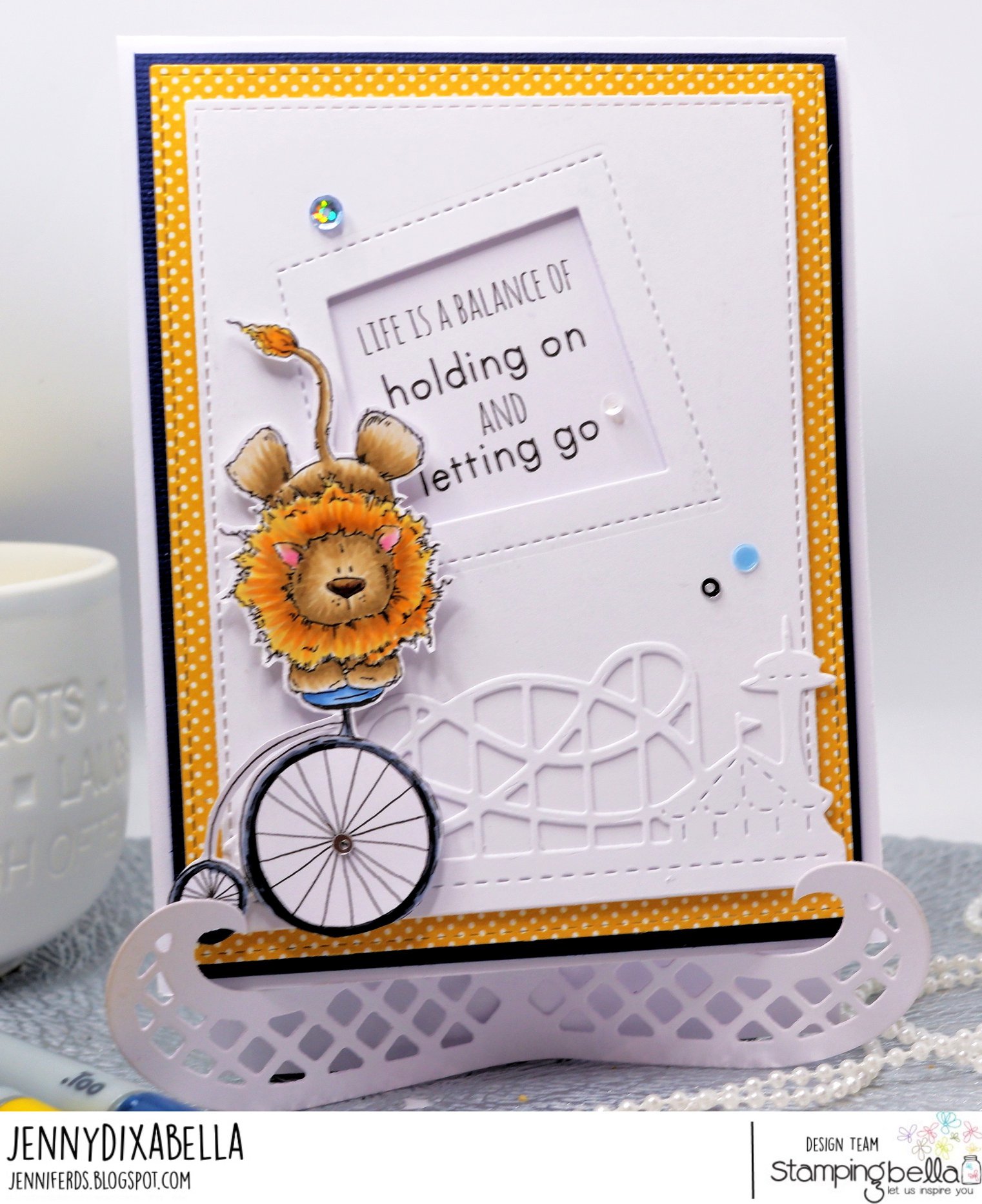 www.stampingbella.com: Rubber stamp used: LEO THE BALANCING LION. Card by Jenny Dix