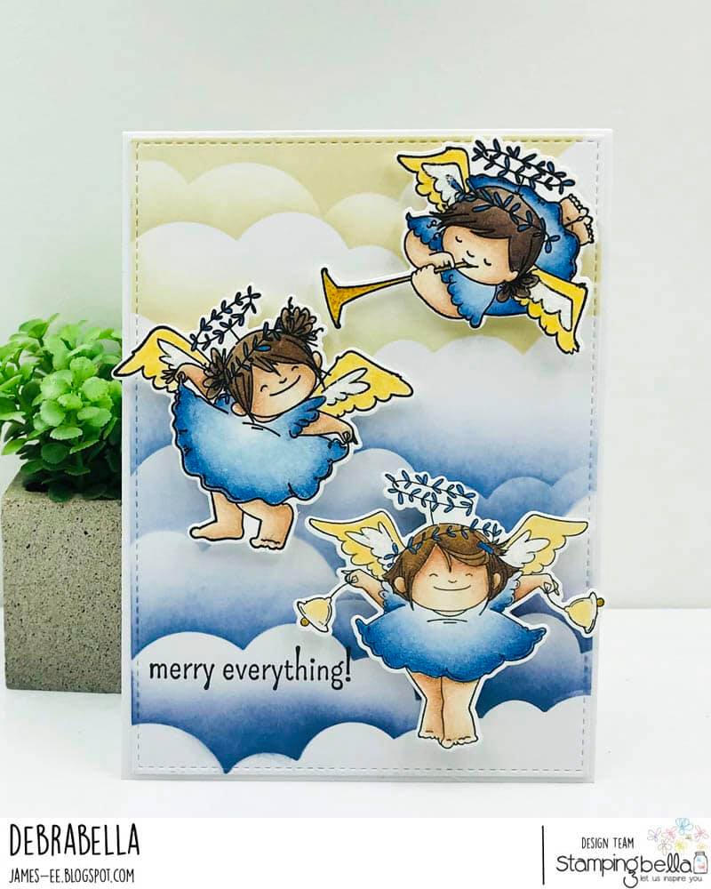 www.stampingbella.com: rubber stamps used ANGEL SQUIDGIES CURTSY and TRUMPET and ANGEL SQUIDGIES ORNAMENT and BELLS. Card by DEBRA JAMES