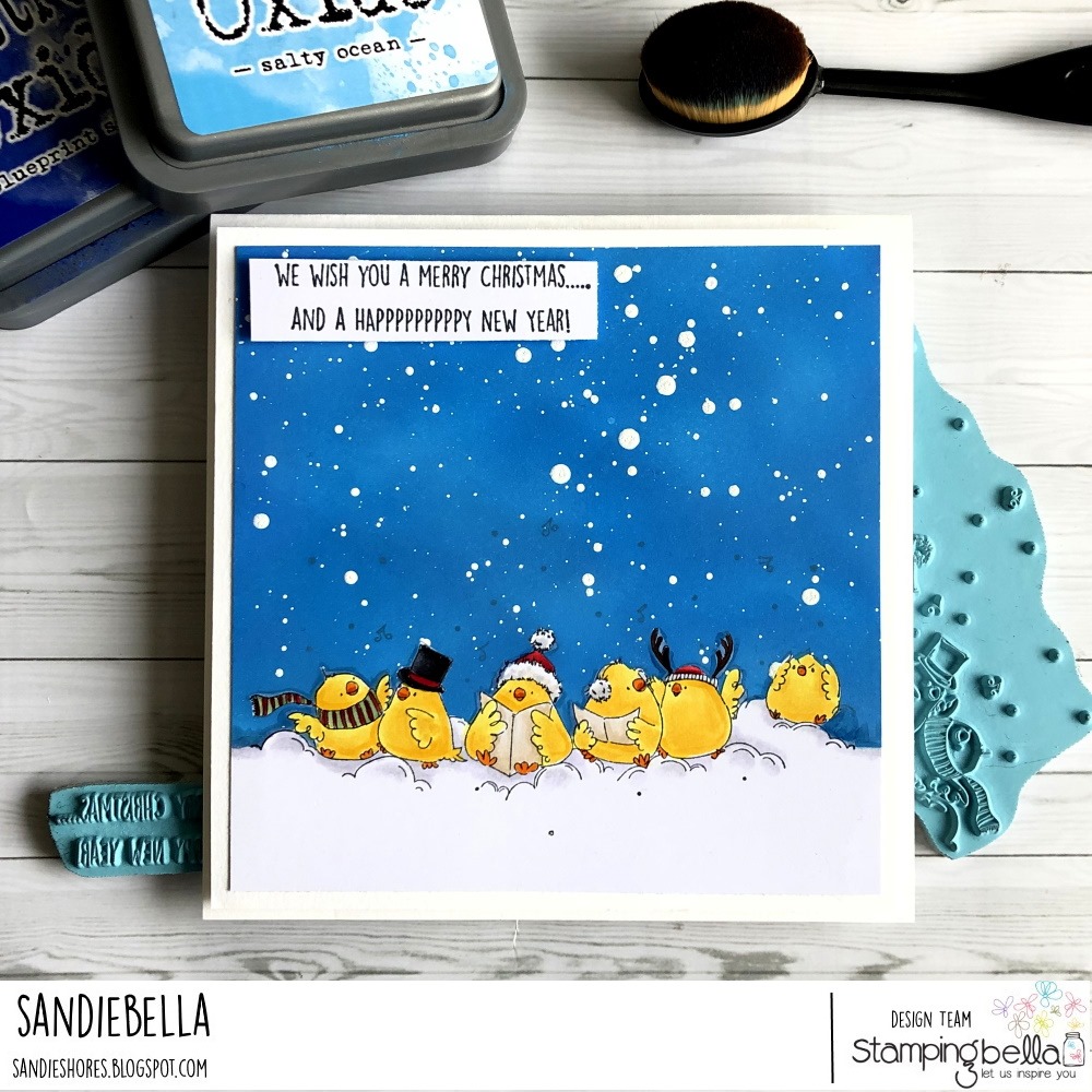www.stampingbella.com: rubber stamp used: CAROLING CHICKS. card by Sandie Dunne