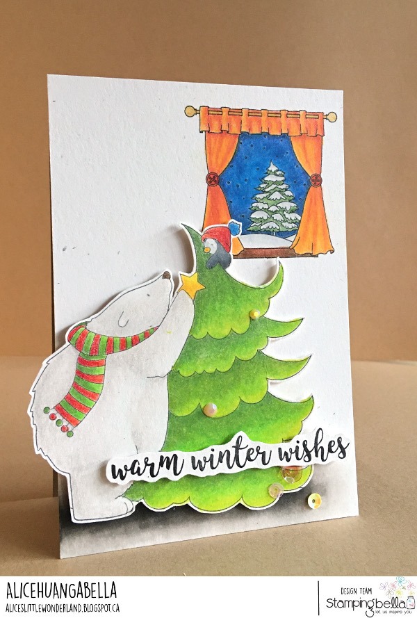 www.stampingbella.com: rubber stamp used, the Polar Bear and Penguin and STAR and our WINTER WINDOW.  Card by Alice Huang