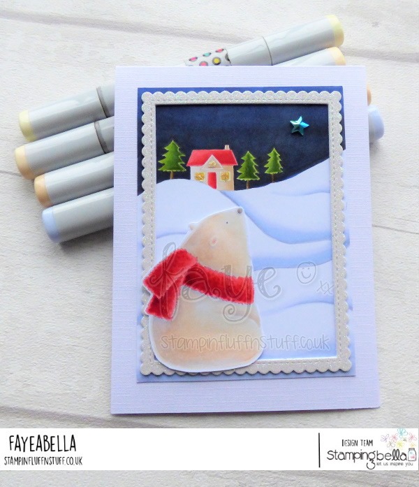 www.stampingbella.com. Rubber stamp used POLAR BEAR WISHING UPON A STAR and our WINTER BACKDROP.  card by FAYE WYNN JONES