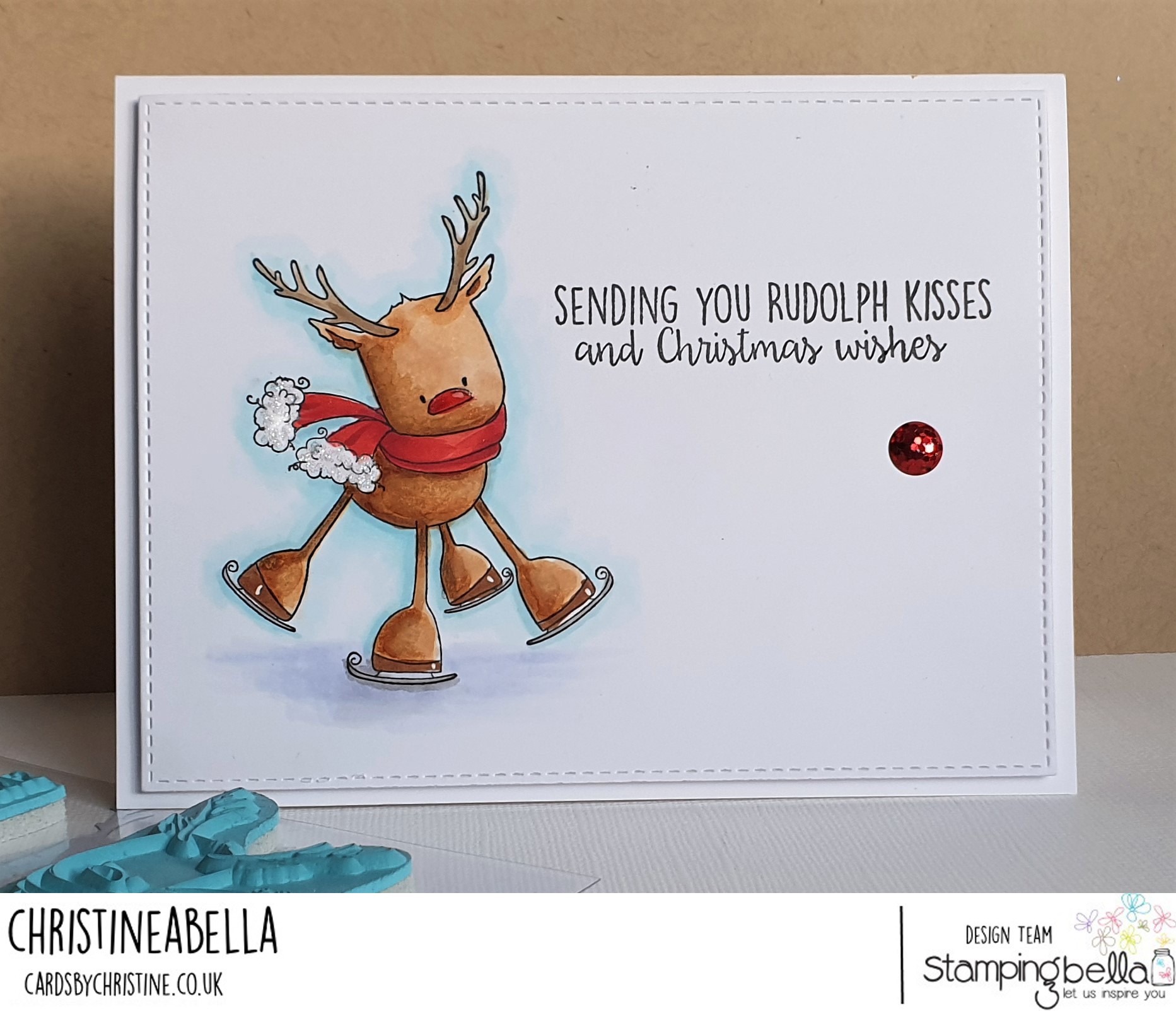 www.stampingbella.com: rubber stamp used : RUDOLPH the SKATING REINDEER.  Card by CHRISTINE LEVISON