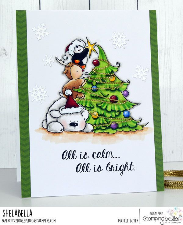 www.stampingbella.com: rubber stamp used PENGUIN ON A REINDEER ON A POLARBEAR .  Card by Michele Boyer