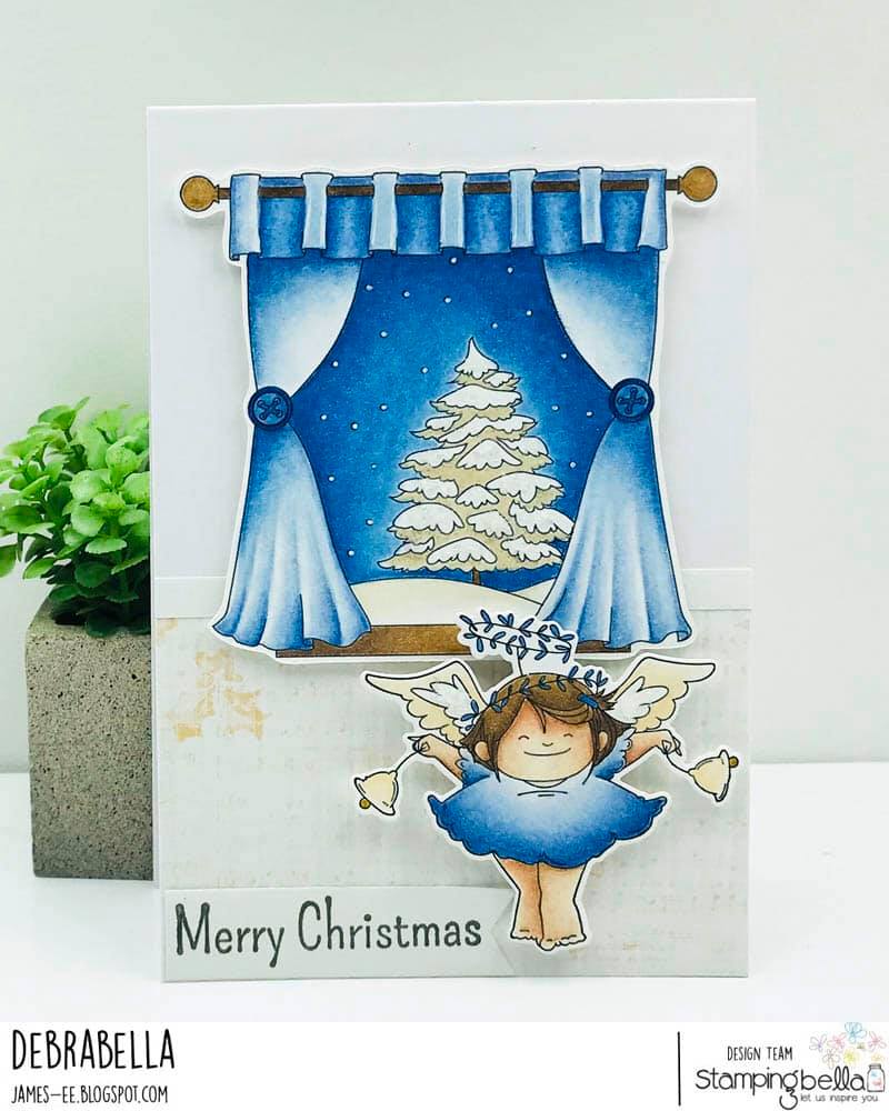 www.stampingbella.com: rubber stamps used WINTER WINDOW and ANGEL SQUIDGY WITH BELLS. Card by Debra James
