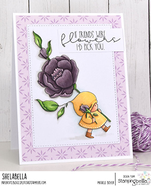  www.stampingbella.com: rubber stamp used BUNDLE GIRL WITH A ROSE. card by MICHELE BOYER