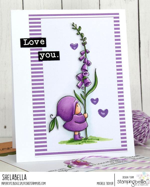 www.stampingbella.com: rubber stamp used BUNDLE GIRL WITH A FOXGLOVE and a sentiment from our LOVE SENTIMENT SET . card by MICHELE BOYER